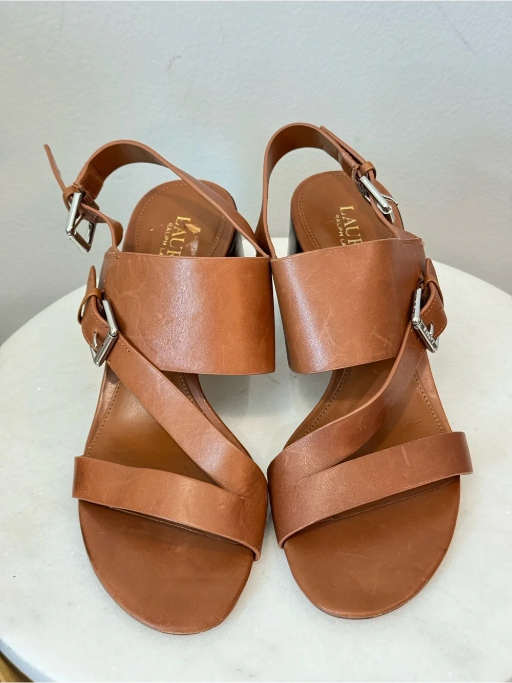 Ralph Lauren Tan Leather Block Heel Sandals
